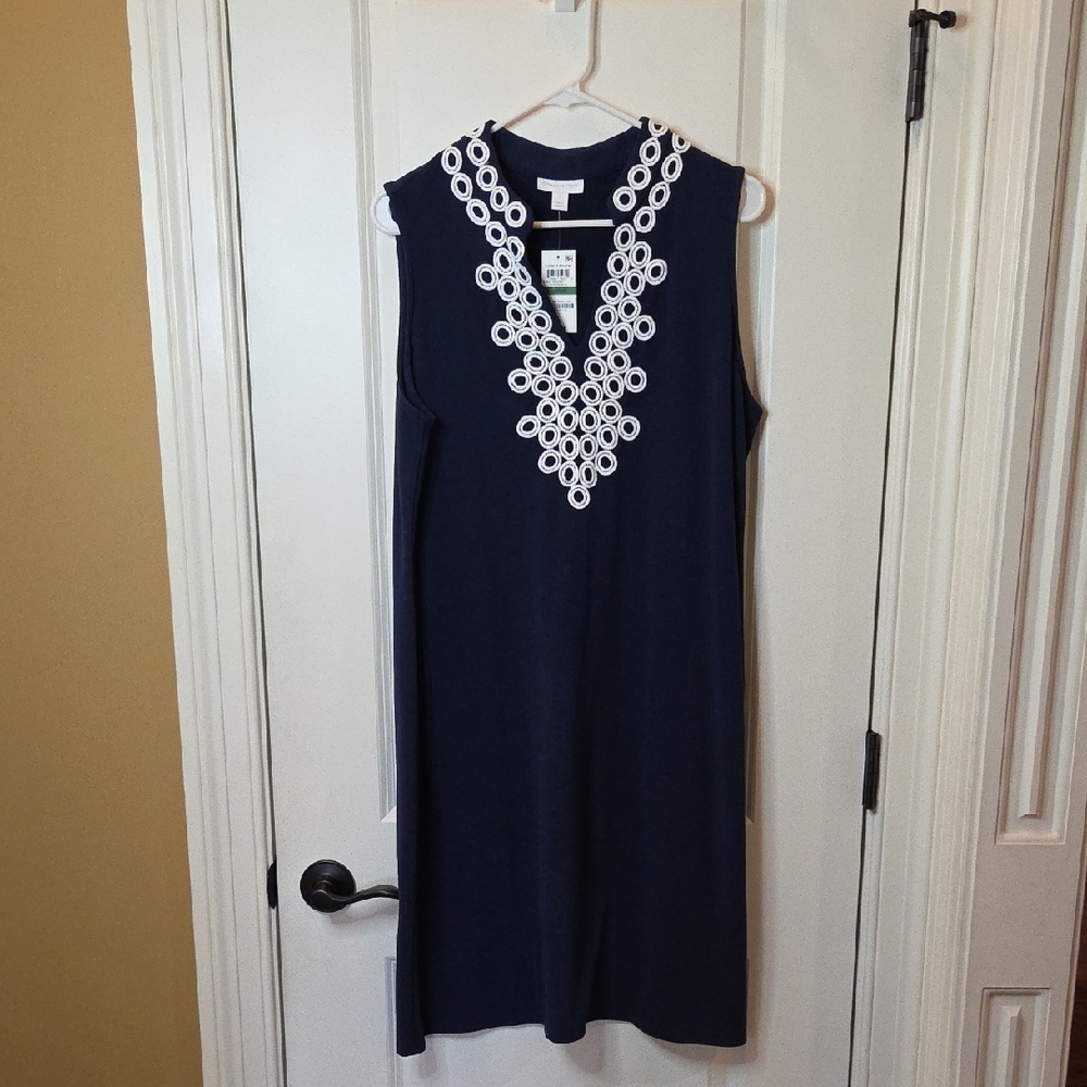 CLEARANCE Charter Club Blue and White Embellished Sleeveless Dress V-Neckline